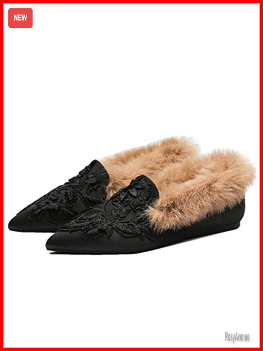 Fericzot Women's Embroidery Mule Slippers Plush Lamb Fur Velvet Slip-On Pointed